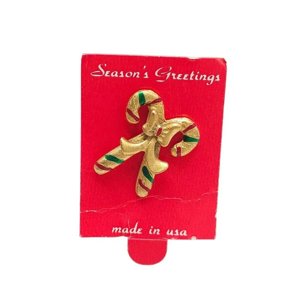 Season's Greetings Red Green Enamel Candy Cane Christmas Brooch Pin Vintage - Picture 1 of 4